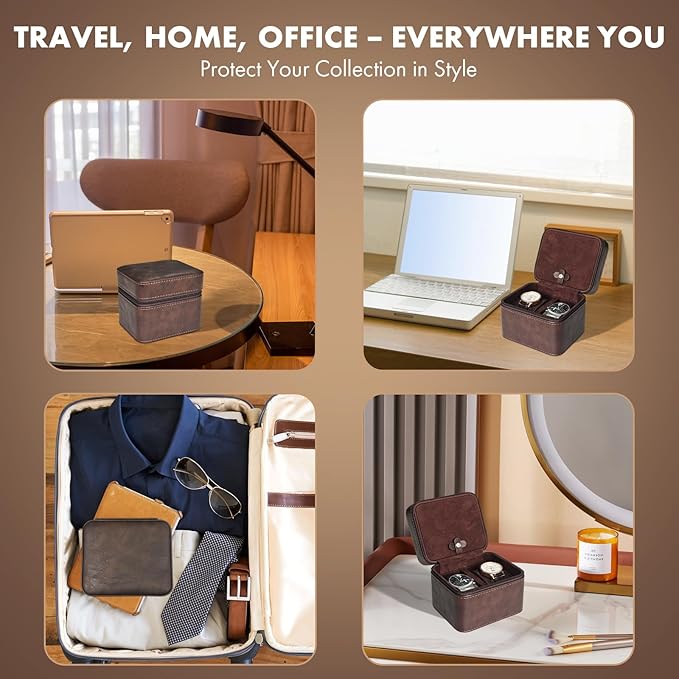 TSA-Friendly 2 Slot Watch Travel Case for Men, (Fits 7-8" Wrists) Carry-On Ready with Removable Pillows & Airplane Protection, Leather Jewelry Organizer for Wristwatches, Rings, Cufflinks (Brown)