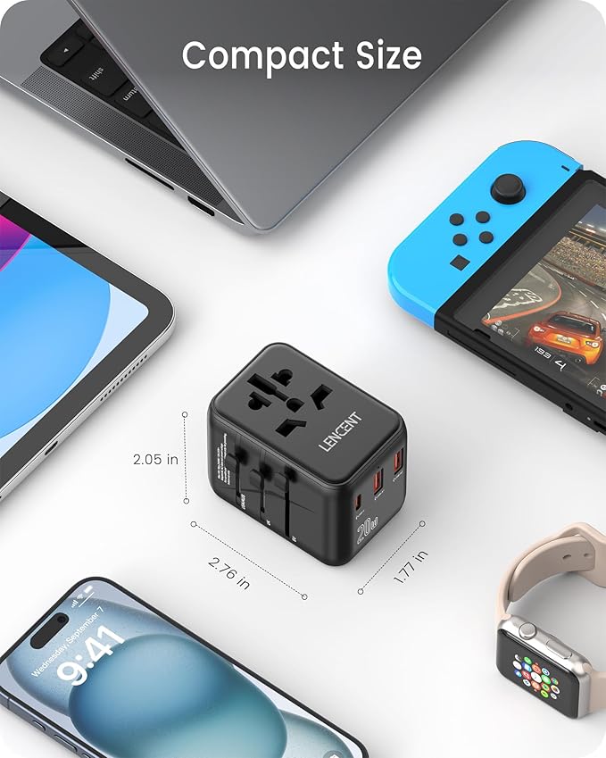 LENCENT Universal Travel Adapter, PD20W International Charger with 2 USB Ports & Type-C Fast Charging Adaptor, Worldwide Wall Charger for iPhone,Laptop, USA/UK/EU/AUS (Black-20W)