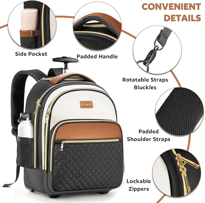 Small Rolling Backpack for Women, Lightweight Travel Backpack with Wheels, Roller Backpacks for Adults, Water Resistant Rolling Laptop Bag, Wheeled Underseat Carry On Luggage, Beige Brown