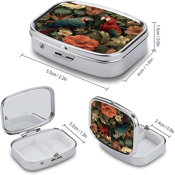 Metal 2 Compartment Pill Organizer Travel Friendly Portable Compact Pill Box Cute Pill Case,for Pocket Wallets Daily Portable Medicine Vitamin Tablet Storage (Parrot)