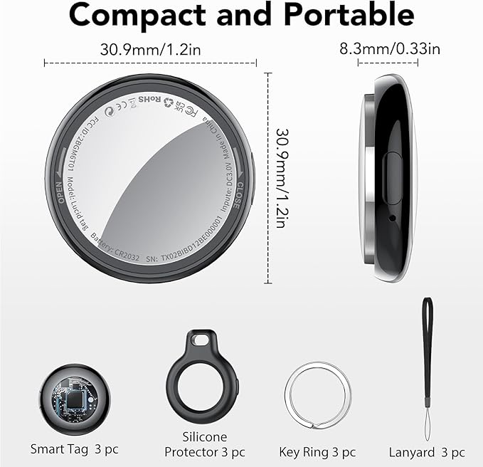 2025 New [Apple MFi Certified] (iOS Only) Air Tracker Tags-3 Pack, Bluetooth Tracker for Apple Find My, Replaceable Battery, Key Finder and Item Locator Smart Tag for Keys, Bags, Luggage, Pets, Black