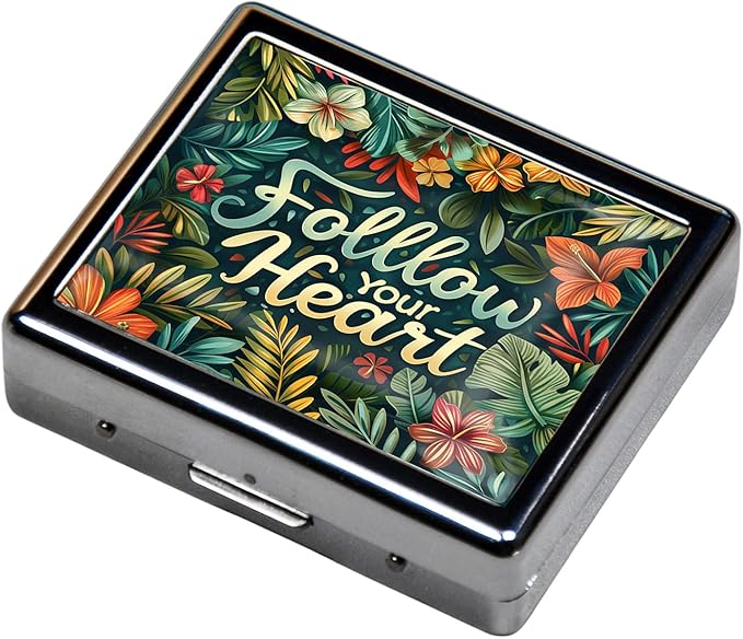 Cute and Portable Metal Pill Organizer – 8 Compartments, Elegant Chrome Finish, Ideal for Travel and Daily Use (Follow Your Heart Floral)