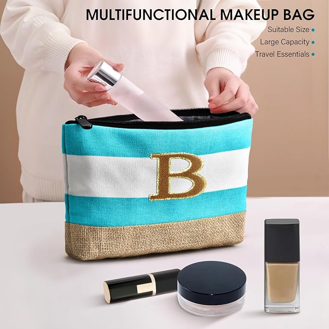 Becokan Beach Bag Initial Beach Tote with Makeup Bag for Travel Work Storage Personalized Birthday Gifts for Women Her