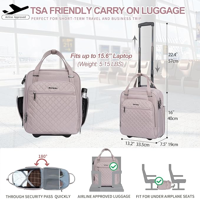 EMPSIGN Underseat Carry On Wheeled - 16" Carry on Bag with Wheels Multi-functional Lightweight Rolling Bag Overnight Weekender Small Suitcase for Women Men Travel Business, Dusty Pink