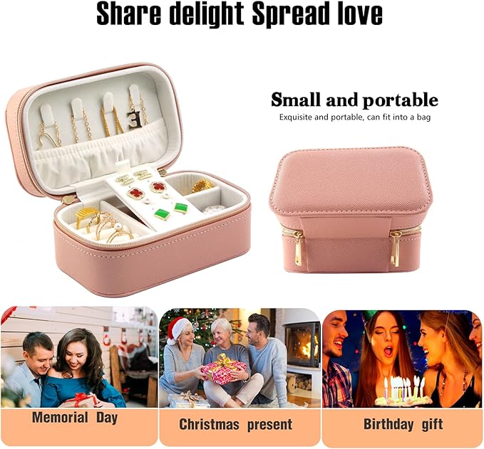 Small Jewelry Travel Case For Womens Small Rectangle PU Leather Jewelry Box With Zipper 2.56" H Portable Travel Jewelry Case For Earring Rings Necklaces Bracelets Pink Jewelry Gifts Box