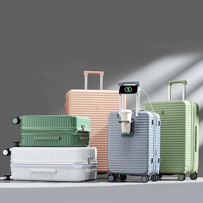 Hard Shell Suitcases 24 Inch Check in Luggage with Spinner Wheels, Expandable Travel Luggage with Cup Holder Charger Built in, Checked Medium Suitcase Lightweight Suitcases, Silver