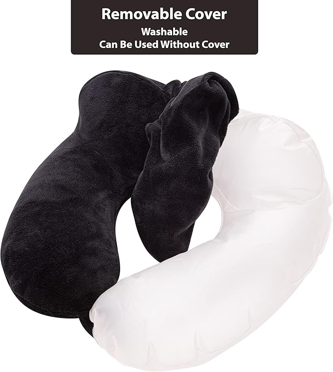 Inflatable Travel Neck Pillow: Extra-Soft, Cushion. for Airplanes, Trains, Cars, Portable Travel Accessory-with Carrying Pouch for Cell Phone and Passport Etc. (Black) (OW-103)