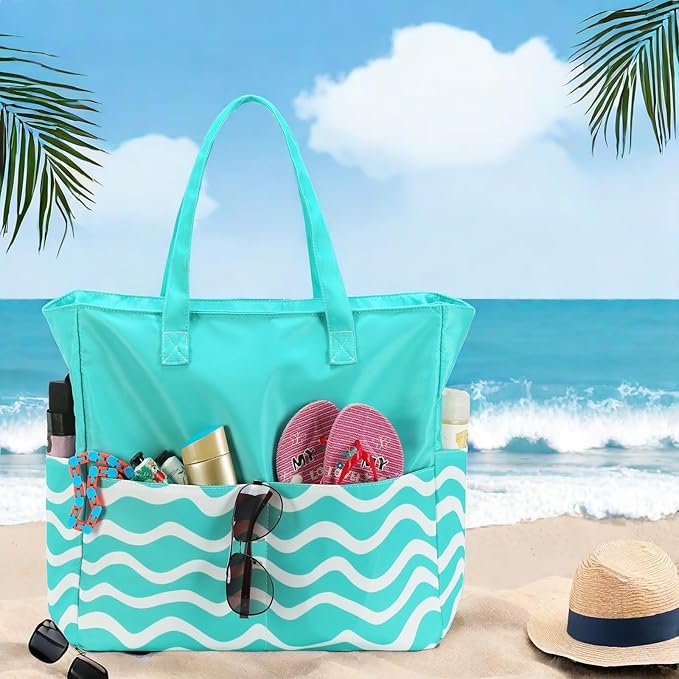 LEDAOU Beach Bag Waterproof Sandproof Women Tote Bag Pool Bag with Zipper for Gym Grocery Travel with Wet Pocket