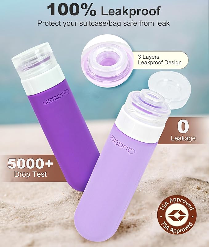Quatish Travel Bottles for Toiletries, Original Patented Leak Proof Travel Size Toiletries, 3 oz Tsa Approved Silicone Shampoo and Conditioner Bottles, Travel Essentials, 4 Pack, Purple