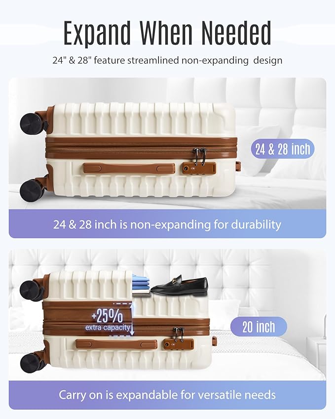 LIGHT FLIGHT Luggage Sets, 3 Piece Durable Suitcase Set with Spinner Wheels, 3 Pcs Hardside Lightweight luggage with TSA Lock, Large Checked Travel Suitcases, 20/24/28 Inch,White
