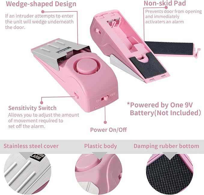 Portable Door Lock & Door Stop Alarm Set, Dual Protection Home Security Door Kit, Travel Hotel Door Lock Devices Pocket Self Defensey Tools for Traveling Hotel Home Apartment,Pink