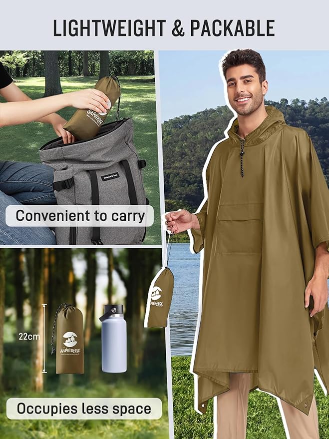 SaphiRose Extra Thick Hooded Rain Poncho Double Layer Waterproof Raincoat Jacket for Men Women Adults