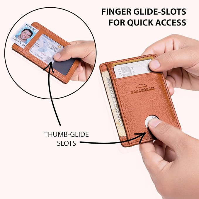 KARAKORAM Vertical Handcrafted Premium Leather Front Pocket Credit Card Holder with RIFD Protection | Artisan Made Slim Leather Wallet | Finger Glide Slots for Cards and ID (Rocky Terrain Brown)
