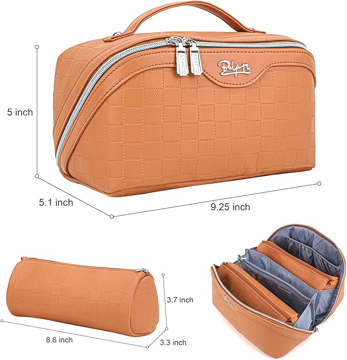 Travel Makeup Bag Organizer Cosmetic Bag: 3 Pcs Set Make up Bags for Women with Handle - Waterproof Vegan Leather Toiletry Bags with Comparments (C-08-Orange)