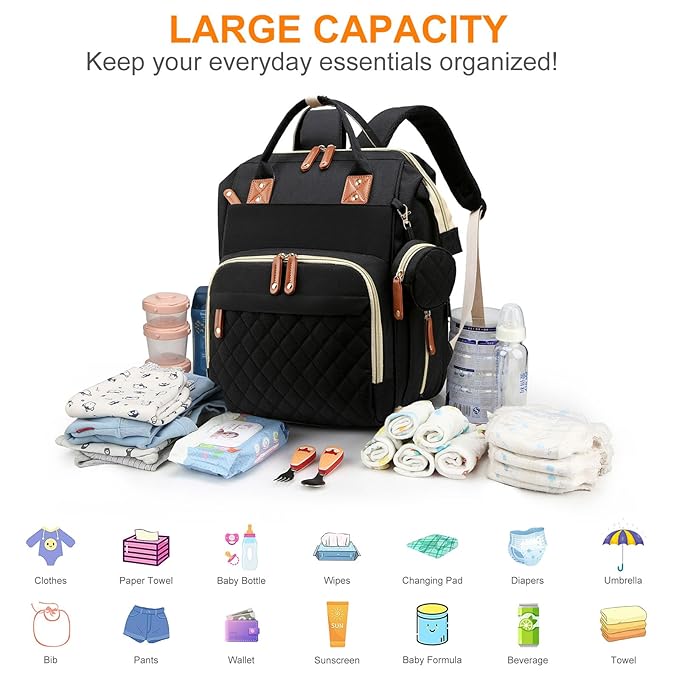 Diaper Bag, Backpack with Changing Station, Waterproof Baby Bag for Boys & Girls, USB Charging Port for Parents, Travel Backpack Baby Essentials & Lovely Baby Shower Gifts, Black