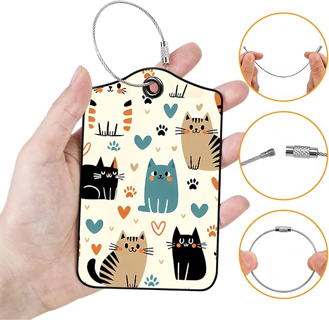 Luggage Tags for Suitcases, 2-Pack PU Leather for Cruise & Travel, Baggage ID Tags with Privacy Cover & Address Card, Durable Metal Ring, Kids Adults Travel Accessories, Kitty Love Pattern