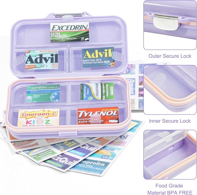Travel Pill Organizer Box with Medicine Labels, 7 Compartments Portable Pill Case, Daily Medication Organizer Storage Pill Container for Pocket Pharmacy(Purple, L)