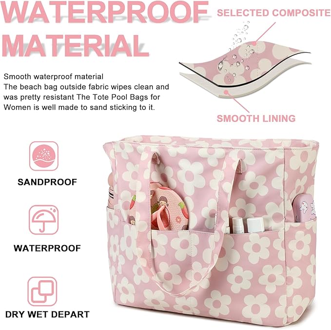 Waterproof Beach Tote Pool Bags for Women Ladies Extra Large Gym Tote Carry On Bag With Wet Compartment for Weekender Travel