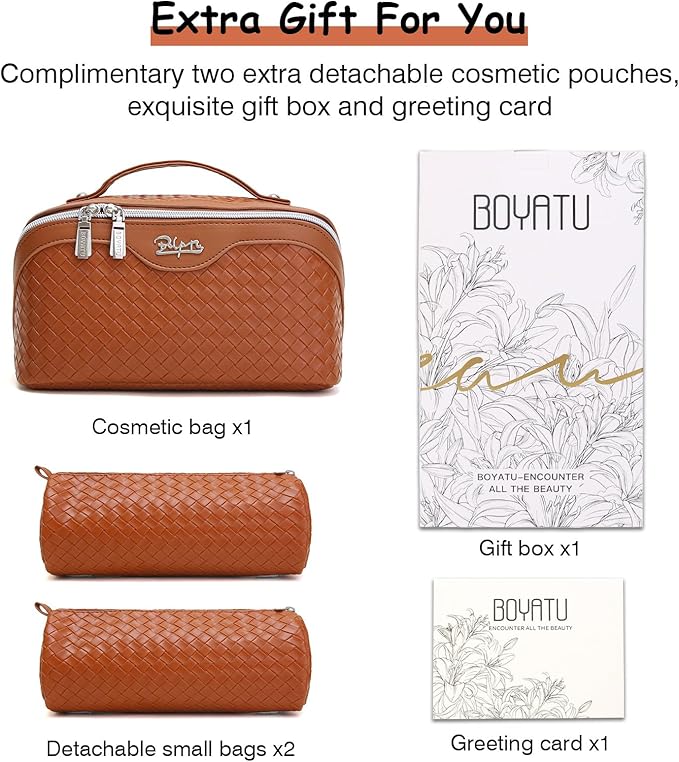 BOYATU Travel Makeup Bags for Women: 3 Pcs Large Make up Bags Set - Vegan Leather Cosmetic Bag for Traveling - Waterproof Toiletry Organizer Wide Open Portable Pouch (L08 Brown)