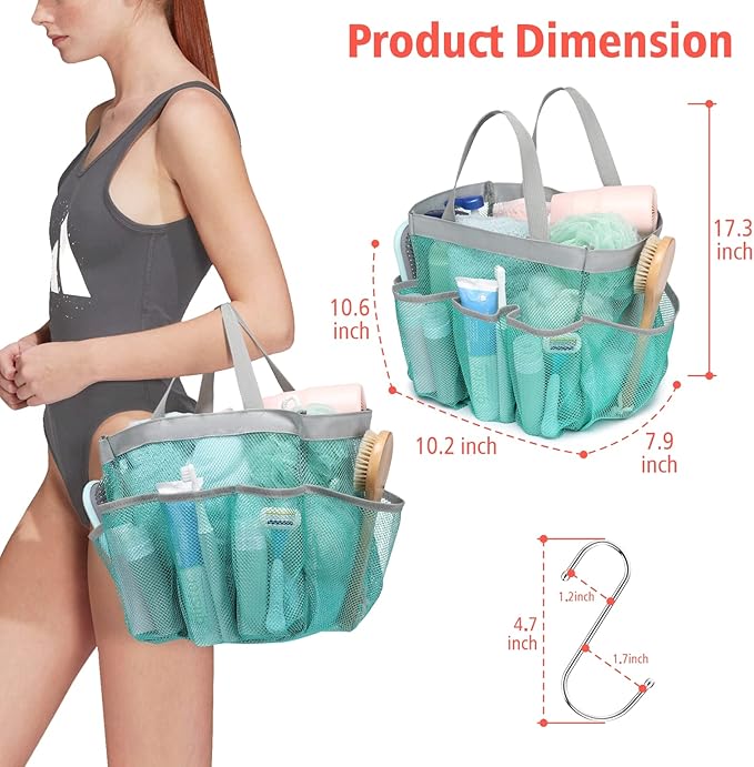 F-color Mesh Shower Caddy Portable with Dividers - Upgrade Deeper 7 Pockets Dorm Room Essentials with S Hook, Shower Bag Basket Tote for Guys Girls College Camping Toiletry Bathroom, Mint Green