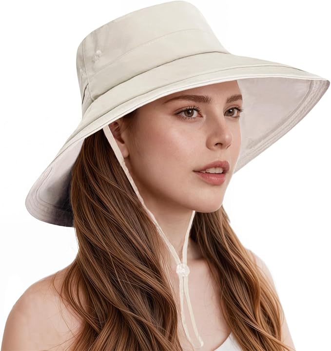 Sun Hats for Women Wide Brim Ponytail UV Protection Beach Hat Packable Waterproof Bucket Hat for Travel Hiking Gardening