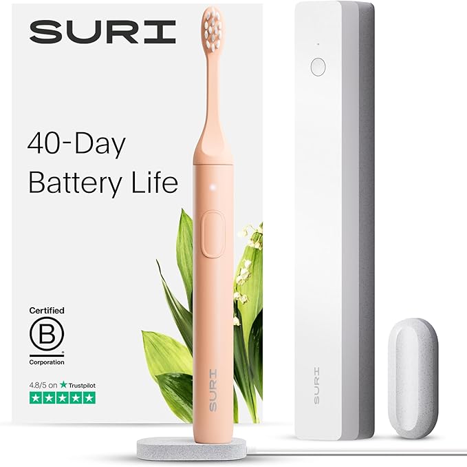 SURI Sonic Electric Toothbrush with UV Travel Case - 40-Day Battery- Designed in California - Electric Toothbrushes Adults - Slim Travel Tooth Brush
