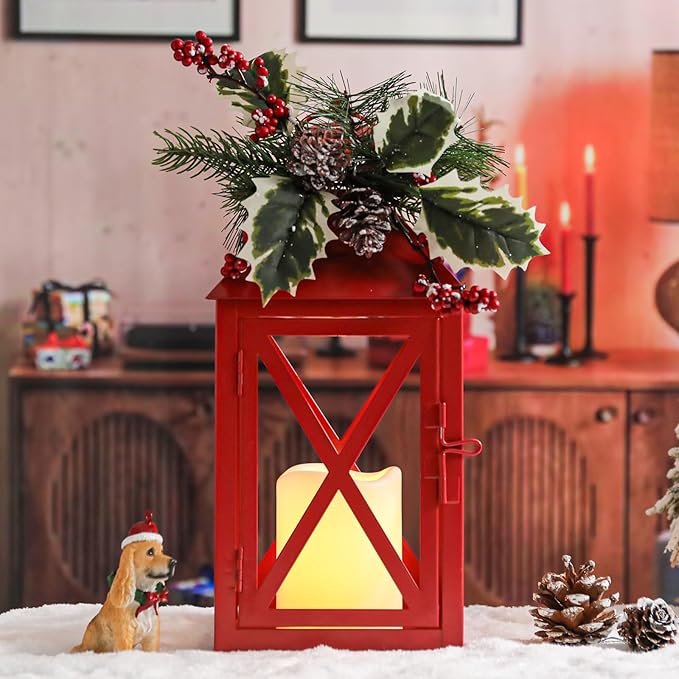 Christmas Lanterns Decorative Outdoor, Waterproof 14.2" Decorative Christmas Red Lantern Indoor Decor Metal Hanging Candle Holder LED Flameless Candle Lantern for Patio, Porch, 2 Packs