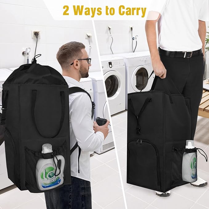 Laundry Bag Backpack Extra Large, 110L Laundry Backpack Heavy Duty with Shoulder Straps, Collapsible and Mesh Pocket Dorm Laundry Basket Hamper Bag for College, Travel, Laundromat, Apartment Black