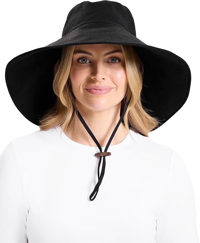 Solbari Women’s Ultra-Wide Cotton Linen Sun Hat UPF 50+, Packable, Adjustable with Ponytail Hole for Travel, Beach & Outdoors