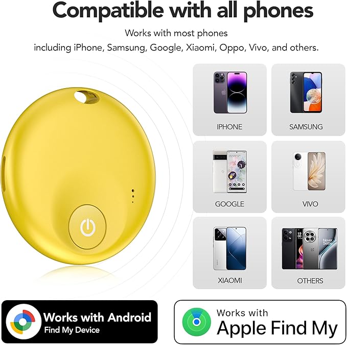 FindTag Duo - Dual System Tracker for iOS or Android, Bluetooth Tracking Tag/Key Finder/Luggage Tracker/Item Locator, Compatible with iOS Find My or Google Find Hub App (Yellow)