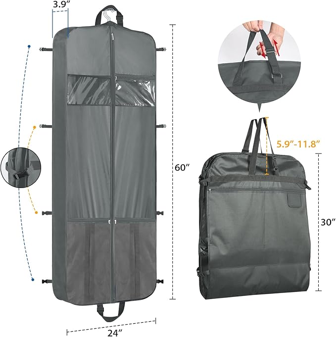 Zilink 60" Long Garment Bags for Travel Waterproof Dress Bags for Gowns Hanging Dress Bags for Closet Storage with Adjustable Handles and Stable Buckles for Dresses Suit Coats Tuxedos, Grey