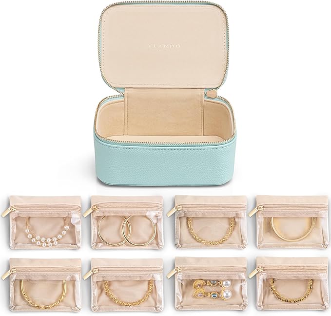Vlando Jewelry Travel Organizer with 8 Velvet Jewelry Bags Travel Jewelry Storage Box Jewelry Case for Necklace Rings Earrings Trendy Christmas Birthday Graduate Gifts for Women-Lake Blue