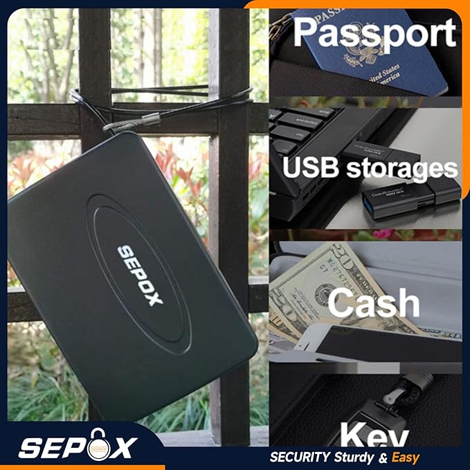 SEPOX® 4Pcs Water/Fire-Resistant Portable Security Case Lock Box Steel, Personal Travel Safe Storage Cabinet for Small Item, 3-Ft Cable, Ressetable Combination Lock for Dorm, Car, Sports, Office