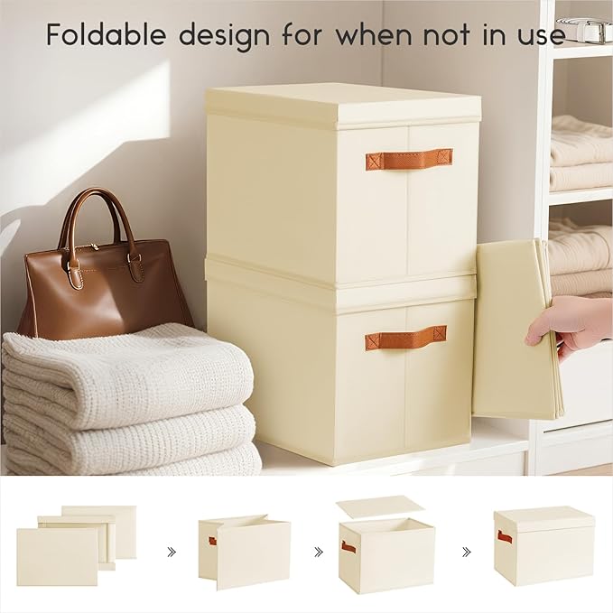 Storage Bins with Lids - Large Fabric Closet Bins with Lid, 5 Pack Clothes Organizers and Storage, Collapsible Stackable Cube Basket for Home, Office, Dorm, Beige
