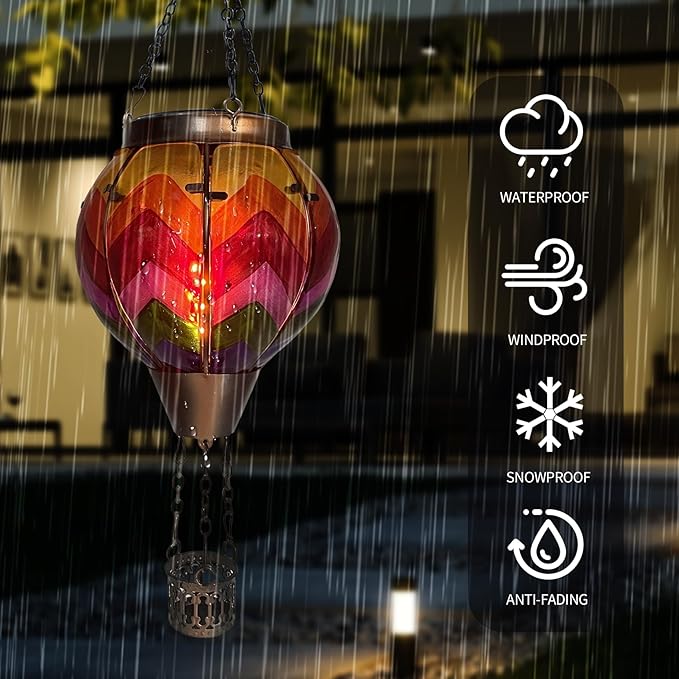 Hot Air Balloon Solar Lantern with Flickering Flame Light Glass Hanging Solar Lanterns Outdoor Waterproof for Garden Tree Yard Patio Party Decor, Color-Wave