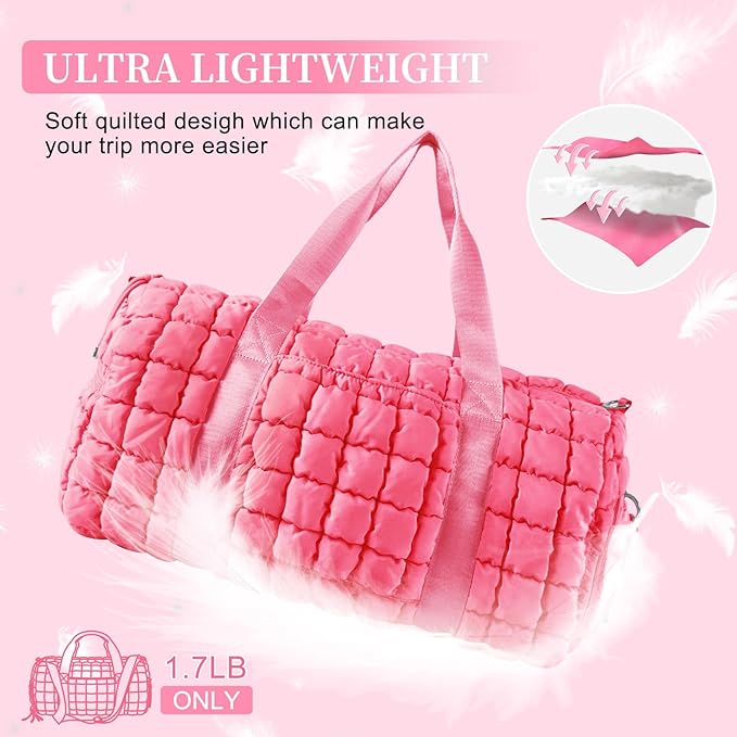 Quilted Travel Duffle Bag Gym Bag for Women,Large Puffer Duffle Weekender Bag with Compartment,Workout Overnight Carry on Organizer Bag Duffle Bag for Airplane Travel(L-Pink)
