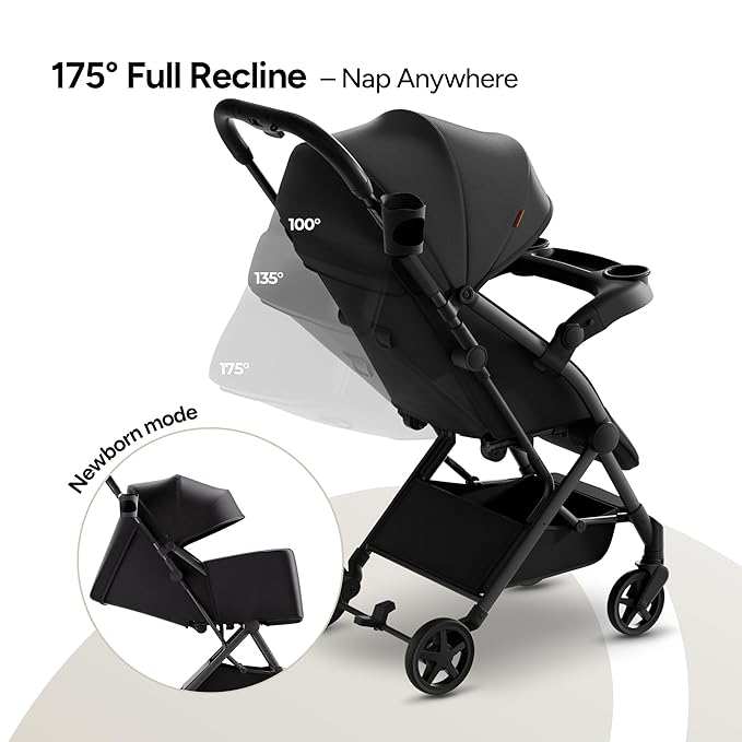 Mompush Lithe V2 Lightweight Travel Stroller, Compact Foldable Baby Stroller with Travel Bag, One-Hand Fold Stroller, Snack Tray, Mechanical Recline Seat, Airplane-Ready, UPF 50+ Canopy & Rain Cover