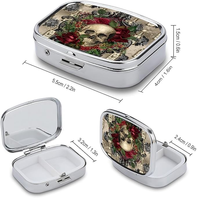 Metal 2 Compartment Pill Organizer Travel Friendly Portable Compact Pill Box Cute Pill Case to Hold Vitamins,Fish Oil,Supplements,Meds,Tablet for Purse,Pocket. (Skull)