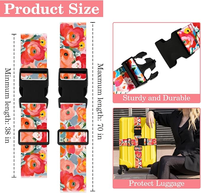 Rose Luggage Straps for Suitcases TSA Approved, Luggage Identifiers for Suitcase, Adjustable Suitcase Strap for Baggage Security with Cute Patten, Travel Necessary Accessories