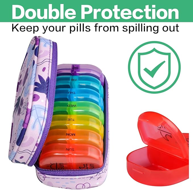 Serfeymi Weekly Travel Pill Organizer 2 Times A Day AM PM Upgraded Rainbow Pill Box 7 Day with Portable Zipper PU Leather Pill Case, Medicine Organizer for Pills, Vitamins, Fish Oils - Purple 02