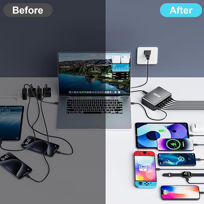 320W USB C Fast Charger Block, 8 Port USB Charging Station, GaN Ⅲ Pro 100W PD PPS Port Fast Charging Station Hub, Laptop Wall Charger Compatible with MacBook, iPhone 17, iPad, Android Devices etc