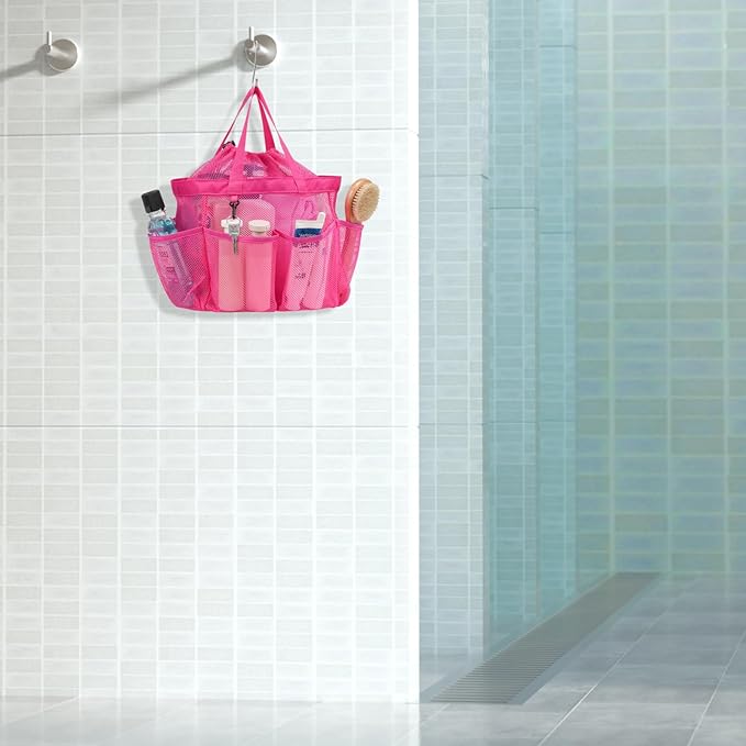 F-color Mesh Shower Caddy Portable with Drawstring - Upgrade Deeper 7 Pockets Dorm Room Essentials for Guys Girls with S Hook, Shower Bag Basket Tote for College Camping Toiletry Bathroom, Rose red