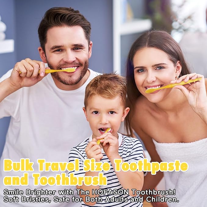HOFASON Disposable Toothbrushes with Toothpaste Pack of 20, Yellow Hollow Travel Toothbrush Set with 5g Toothpaste Individually Wrapped Toothpaste Bulk for Homeless, Nursing Home, Shelter, Hotel