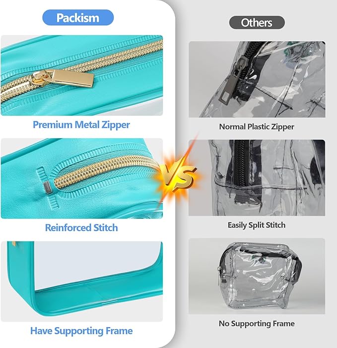 PACKISM Clear Makeup Bag, 2 Pack Upgrade Color-Edged TSA Approved Toiletry Bag, Clear Toiletry Bag For Traveling Fits Various Storage Needs, Turquoise (2 Sizes)