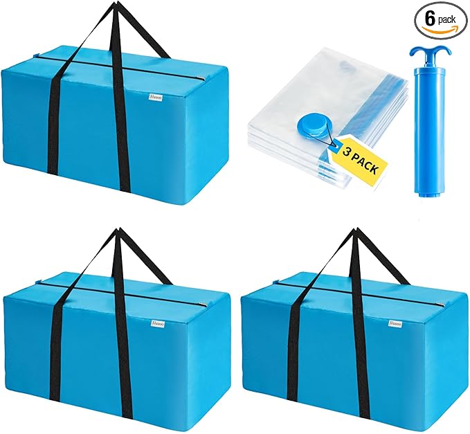 2-in-1 Space Saving Storage Bundle: Extra Large Blue Moving Bag (31.5"L) + Transparent Vacuum Compression bag with Hand Pump for Clothes, Bedding & Dorm Move-In (3 Moving Bags+3 Vacuum bags)