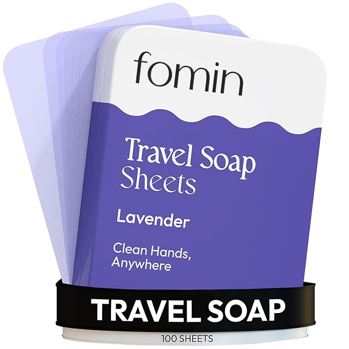 FOMIN - Antibacterial Paper Soap Sheets Tin for Traveling - (100 Sheets) Lavender Portable Travel Hand Soap Sheet, Dissolvable Mini Camping Hand Soap for Hand Washing