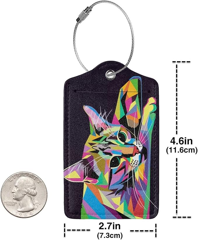 Cat Leather Luggage Tag with Stainless Steel Ring, Fun Name Id Card Cover Travel Bag Tag Set, Suitable for Travel Bag Luggage Women Men 2 PCS