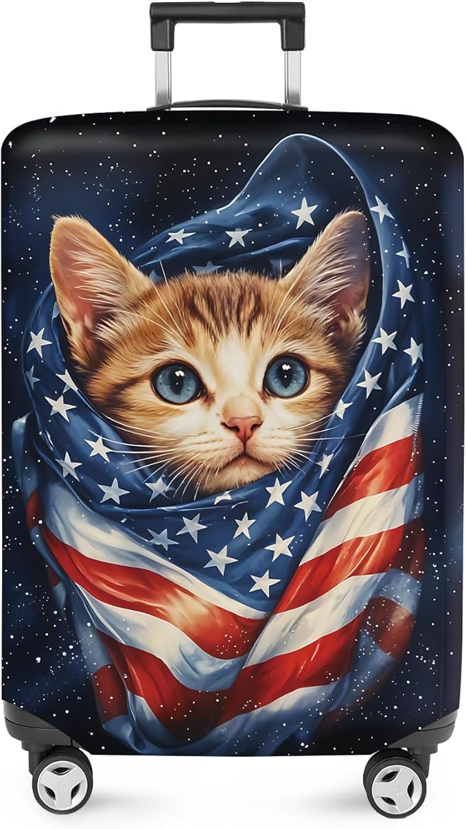 ANNA QUEEN Cute Patriotic Cat Luggage Cover, American Flag Suitcase Protector, Stretchable, Washable Travel Cover for 32-34 Inch Luggage