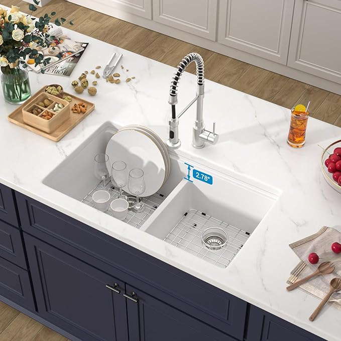 33 Inch Undermount White Granite Composite Kitchen Sink Under Counter Quartz Single Bowl Sink Workstation Sinks with Accessories Quick Drain Noise Reduction Home Renovation Classic Style