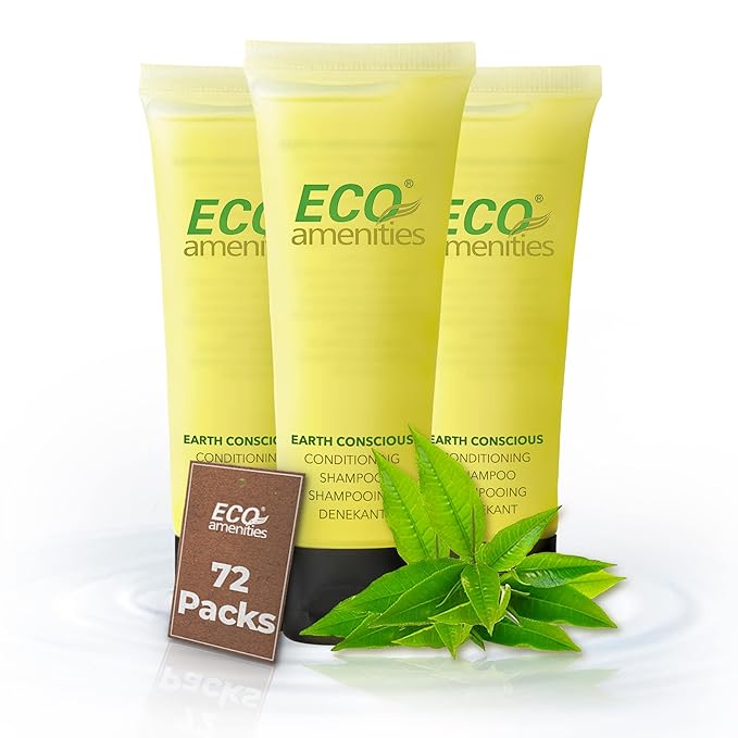 ECO amenities Shampoo Mini Flip-Cap Tubes - 1 fl oz (30 mL), 72 Count - Hotel Shampoo Bulk & Travel Toiletries - Green Tea Scent & Airbnb Amenities - Hotel Toiletries Bulk